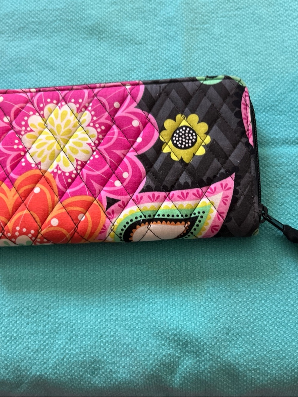 Vera Bradley Quilted Floral Zip Wallet in Hot Pink, Black and Yellow